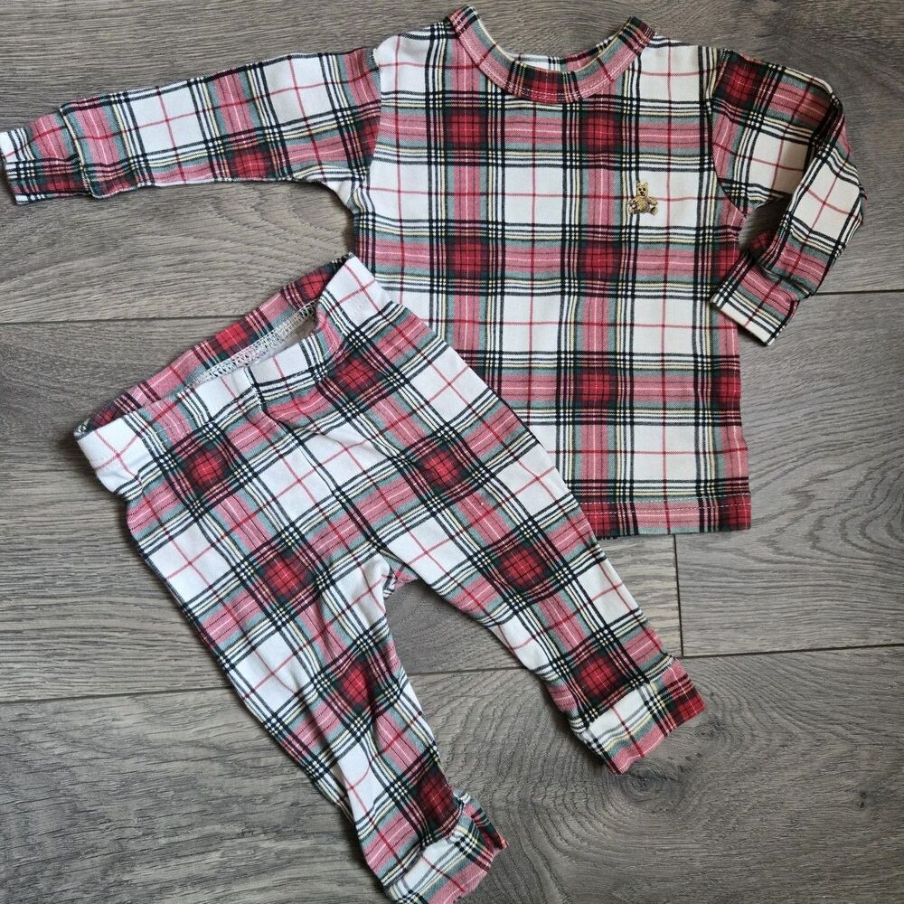 Baby Gap 3-6M Red White Plaid Tartan Pajamas Set Bear Organic Cotton Holiday